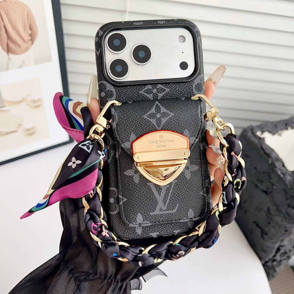 Luxusní pouzdro na iPhone přes rameno s kapsou na karty a odnímatelným popruhem