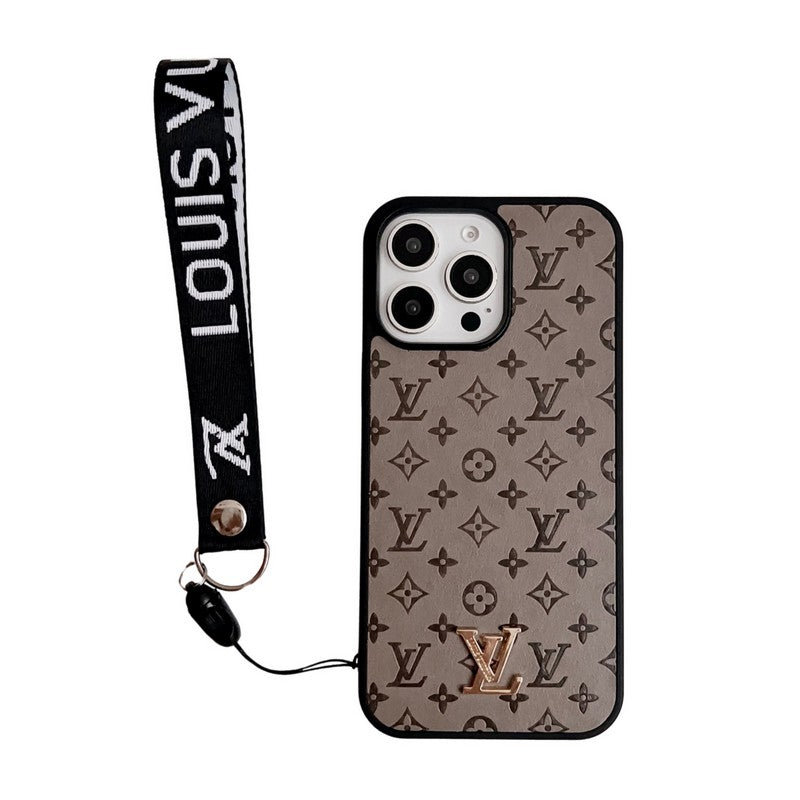 Coque iPhone de luxe marron avec chaîne de poignet
