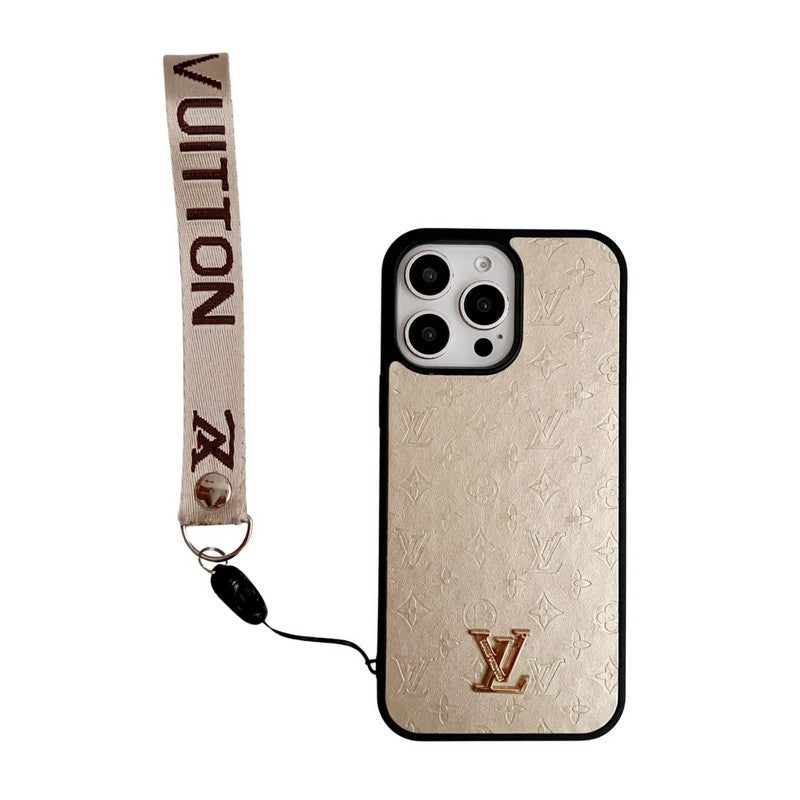 Coque iPhone de luxe marron avec chaîne de poignet