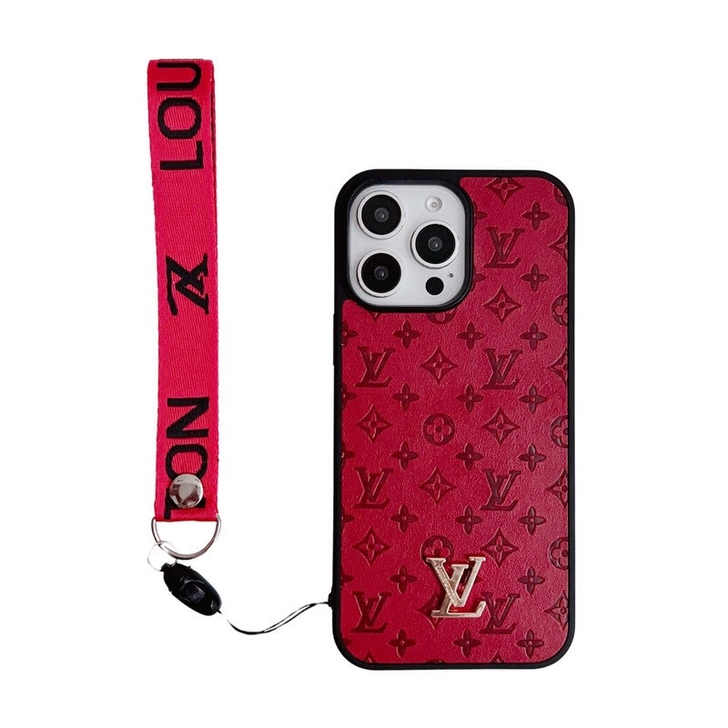 Coque iPhone de luxe marron avec chaîne de poignet