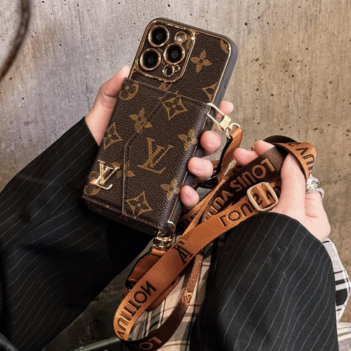 Coque iPhone en cuir avancée avec portefeuille et dragonne marron