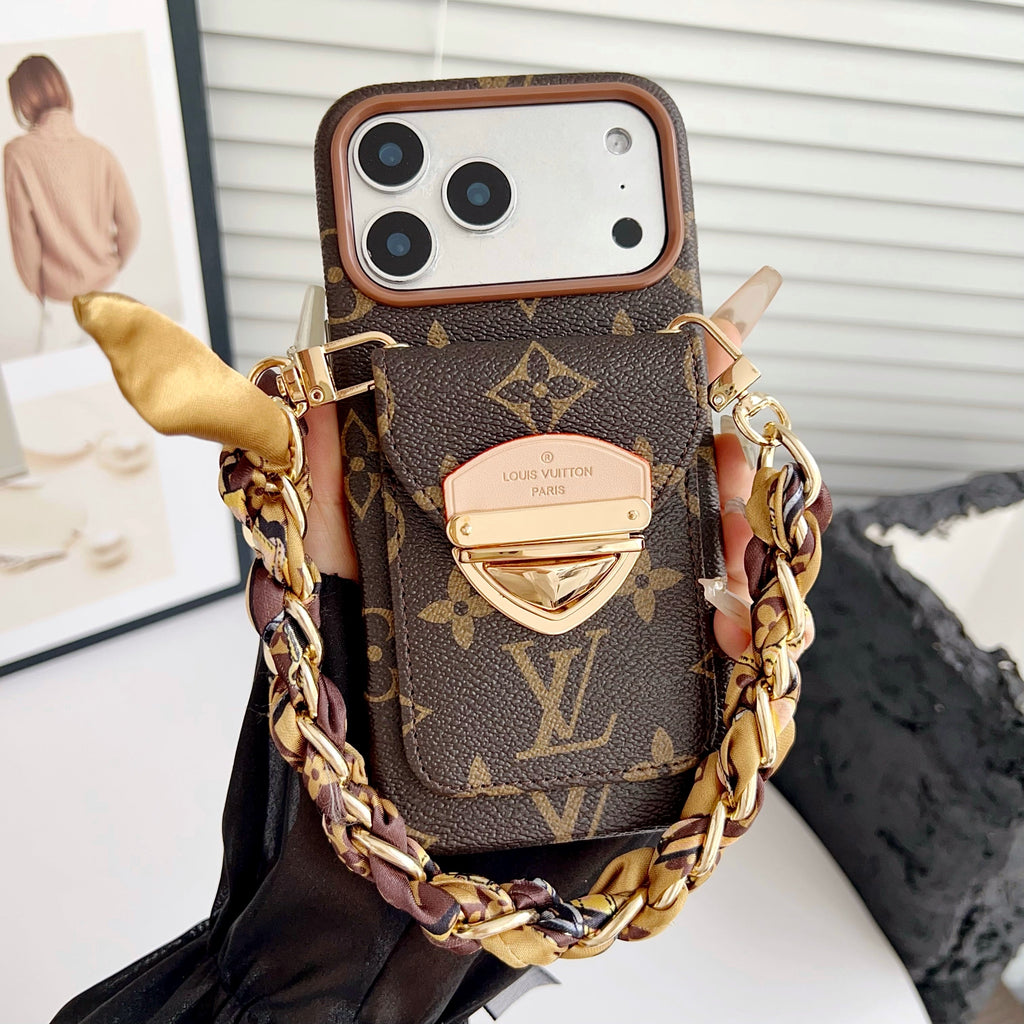 Luxusní pouzdro na iPhone přes rameno s kapsou na karty a odnímatelným popruhem