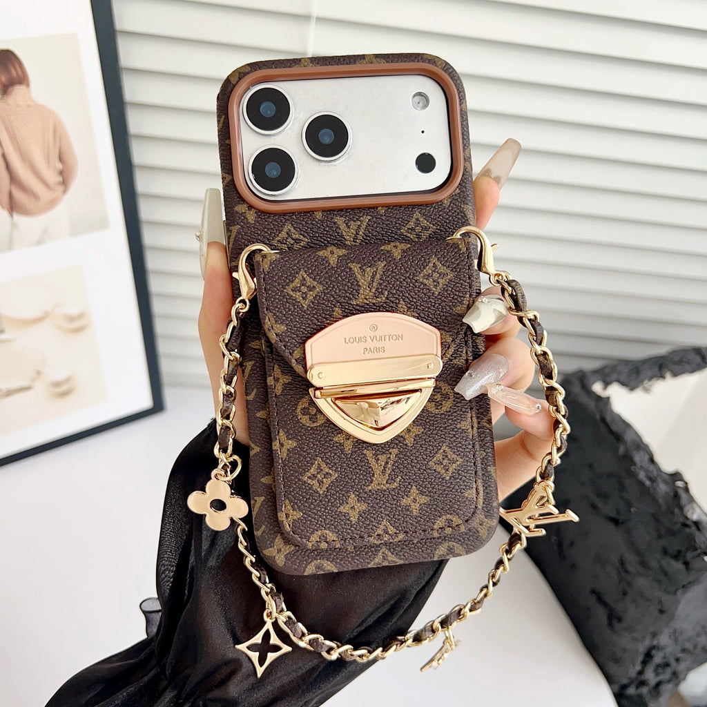 Luxusní pouzdro na iPhone přes rameno s kapsou na karty a odnímatelným popruhem