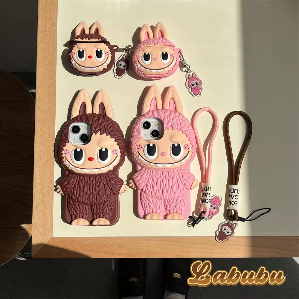 Étui en silicone mignon Labubu Zimomo de dessin animé | Marron Rose - Étui iPhone