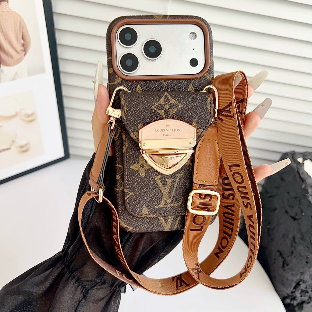 Luxusní pouzdro na iPhone přes rameno s kapsou na karty a odnímatelným popruhem