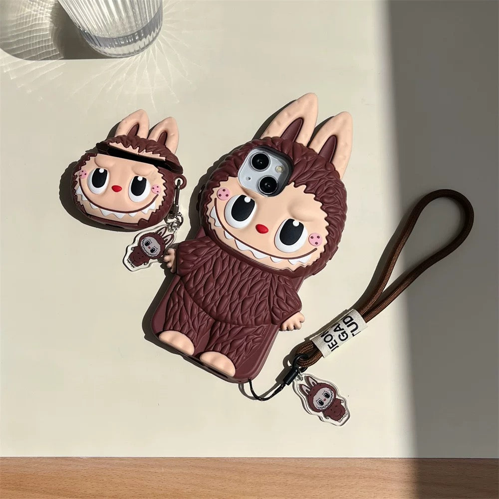 Étui en silicone mignon Labubu Zimomo de dessin animé | Marron Rose - Étui iPhone