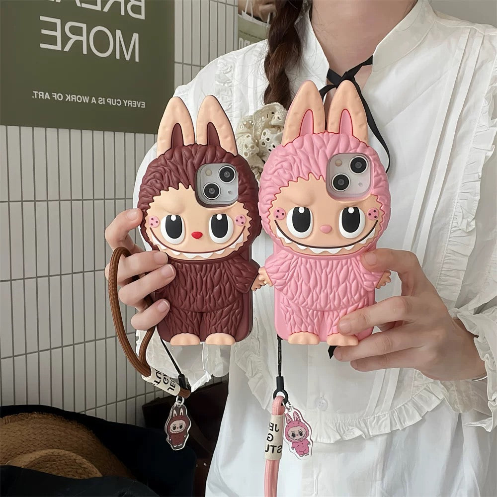 Étui en silicone mignon Labubu Zimomo de dessin animé | Marron Rose - Étui iPhone