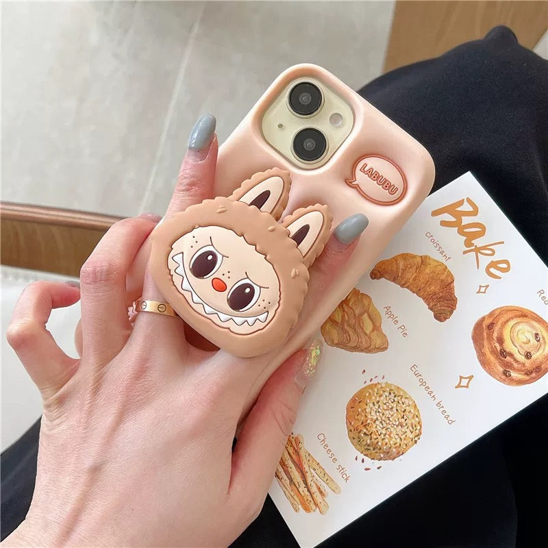 Mignon dessin animé Labubu Zimomo Silicone avec support | Marron/Rose - Coque iPhone
