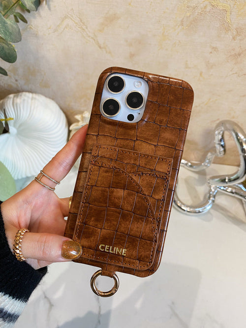 Coque iPhone Céline Imprimé Alligator avec Porte-cartes et Bandoulière Marron -EYP241415