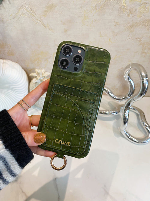 Coque iPhone Céline imprimé Alligator avec porte-cartes et bandoulière Vert -EYP241415