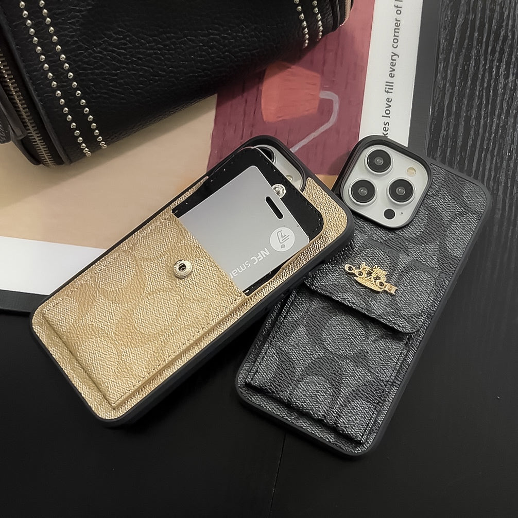 Coque iPhone classique avec porte-cartes portefeuille café -SZK240425