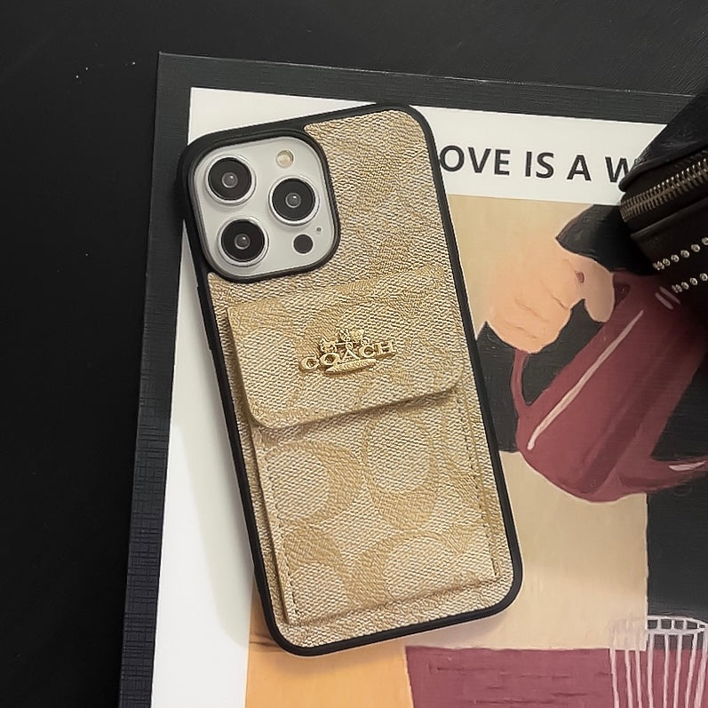Coque iPhone classique avec porte-cartes portefeuille café -SZK240425