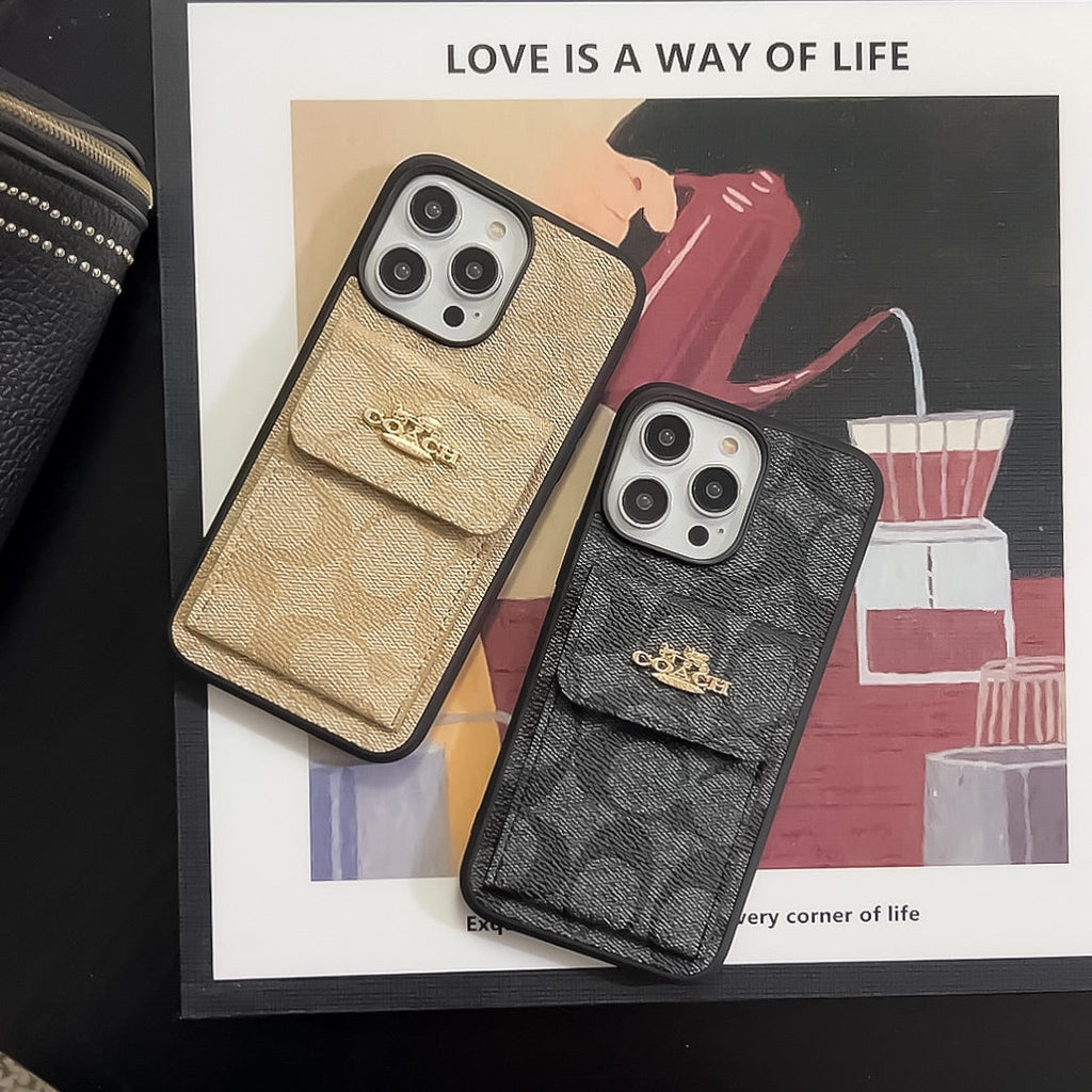 Coque iPhone classique avec porte-cartes portefeuille café -SZK240425