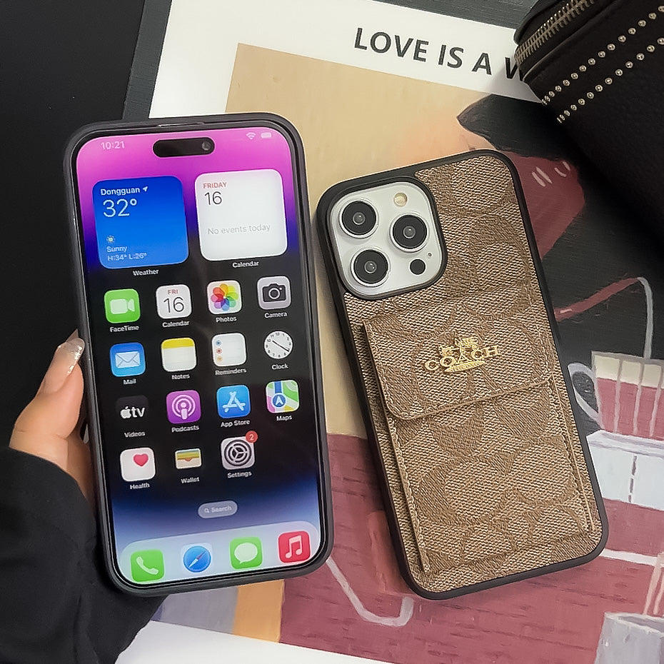 Coque classique iPhone avec porte-cartes marron clair -SZK240425