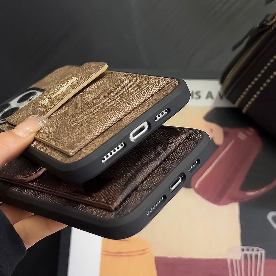 Coque iPhone classique avec porte-cartes portefeuille café -SZK240425