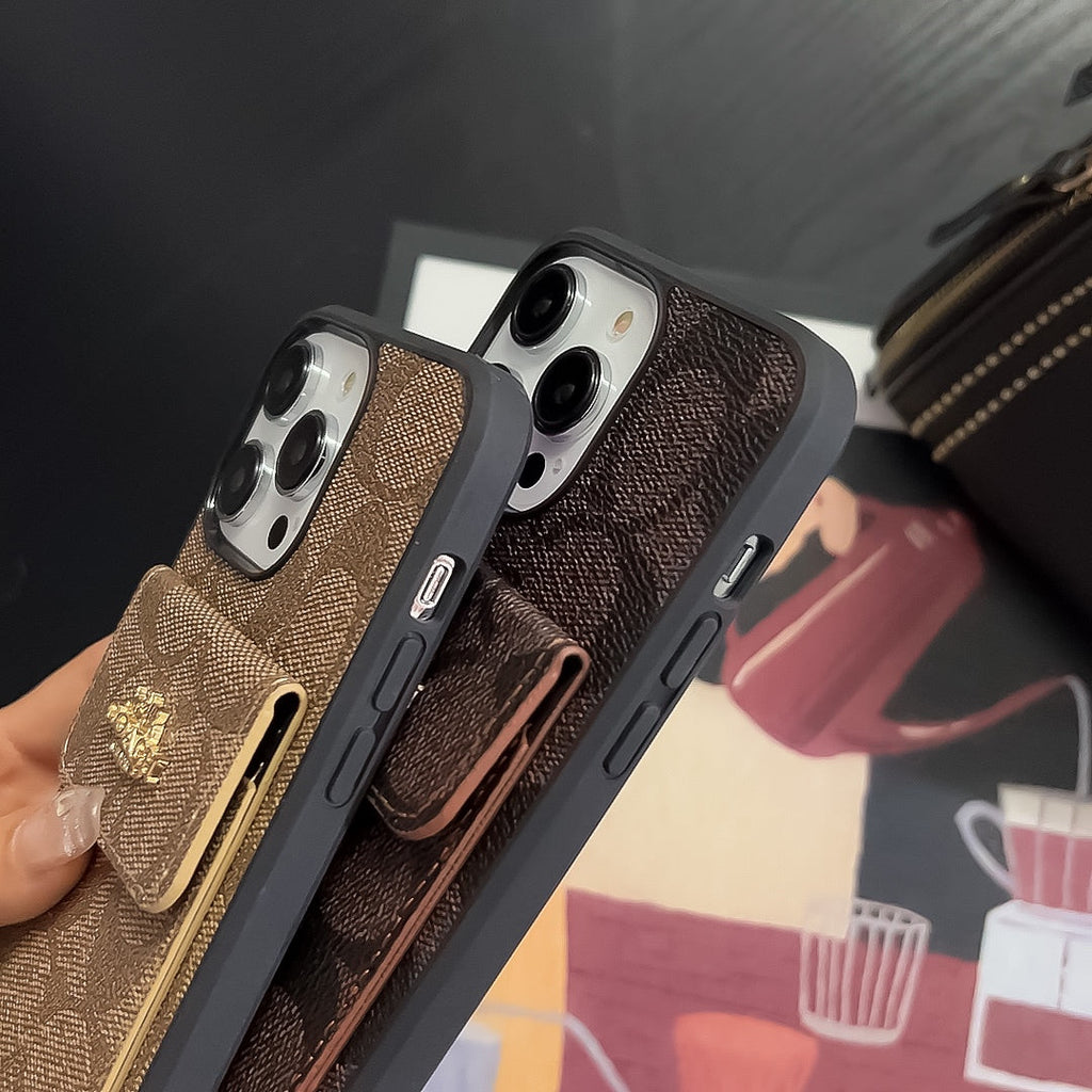 Coque iPhone classique avec porte-cartes portefeuille café -SZK240425