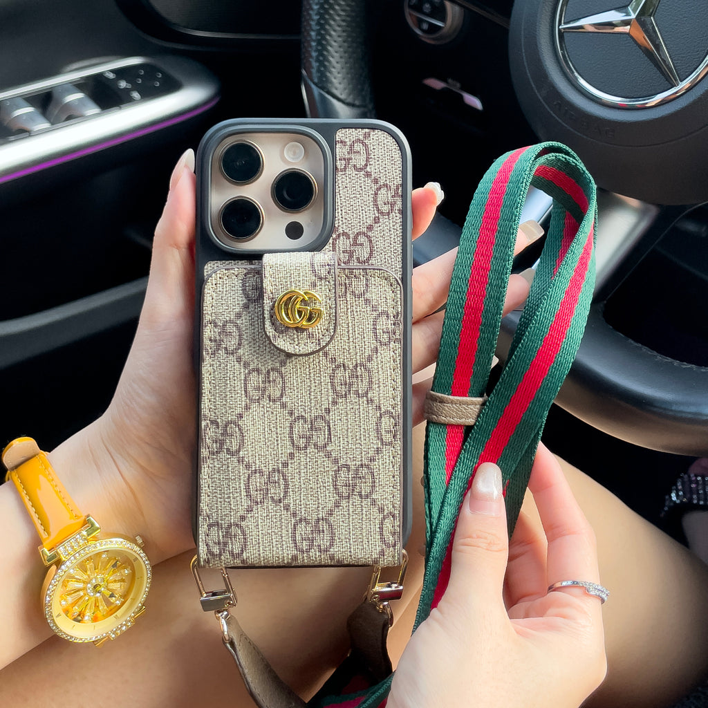 Luxusní pouzdro na iPhone přes rameno s držákem karet a popruhem