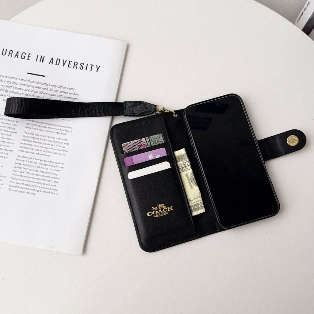Étui portefeuille de luxe CO pour iPhone avec porte-cartes et dragonne