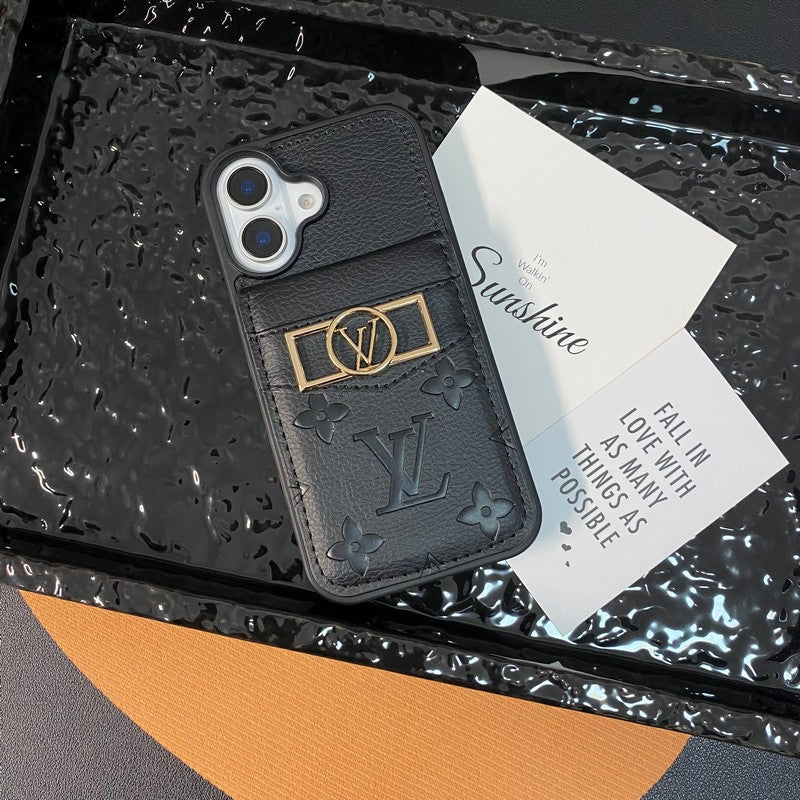 Coque iPhone Luxe avec Porte-Cartes et Logo Doré