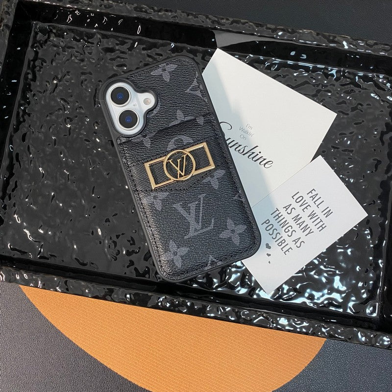 Coque iPhone Luxe avec Porte-Cartes et Logo Doré