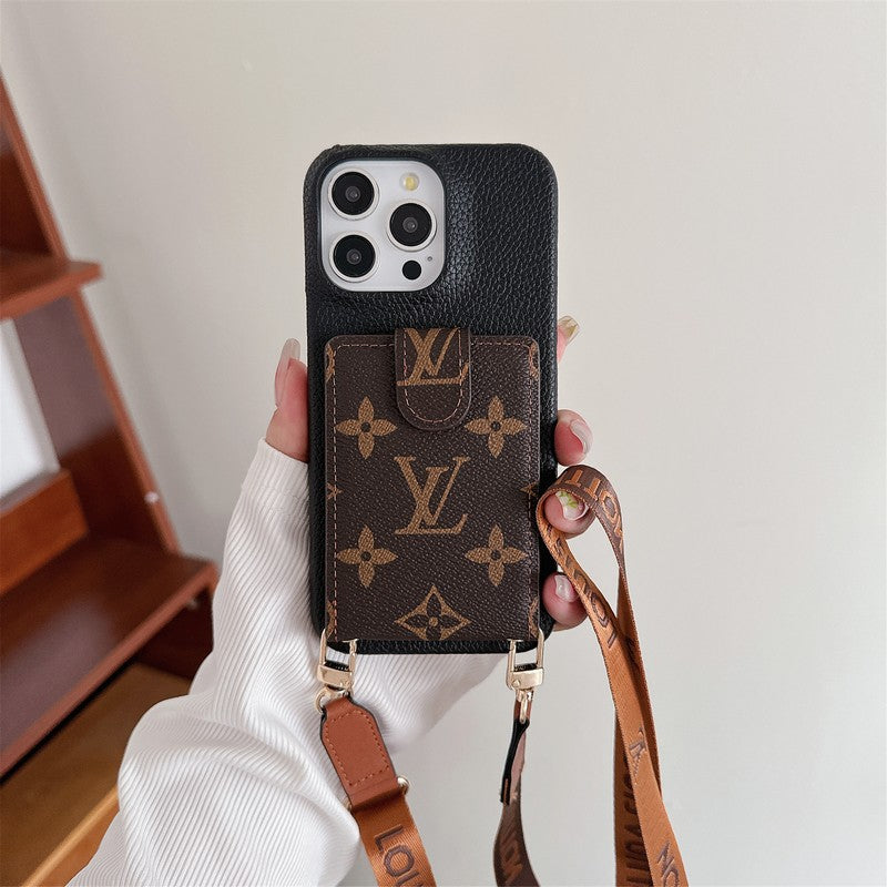 Luxusní pouzdro na iPhone přes rameno s řetízkem a kapsou na karty