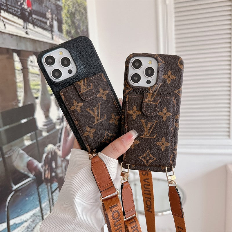 Luxusní pouzdro na iPhone přes rameno s řetízkem a kapsou na karty