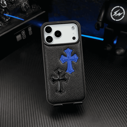 Étui de téléphone en cuir gaufré 3D avec croix – Housse de protection antichoc